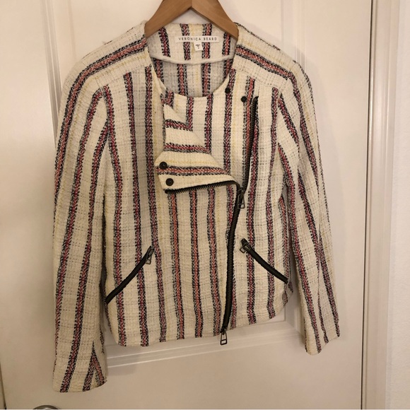 Veronica Beard red And White tweed moto asymmetric blazer zip up Jacket Sz 0 - Picture 5 of 16